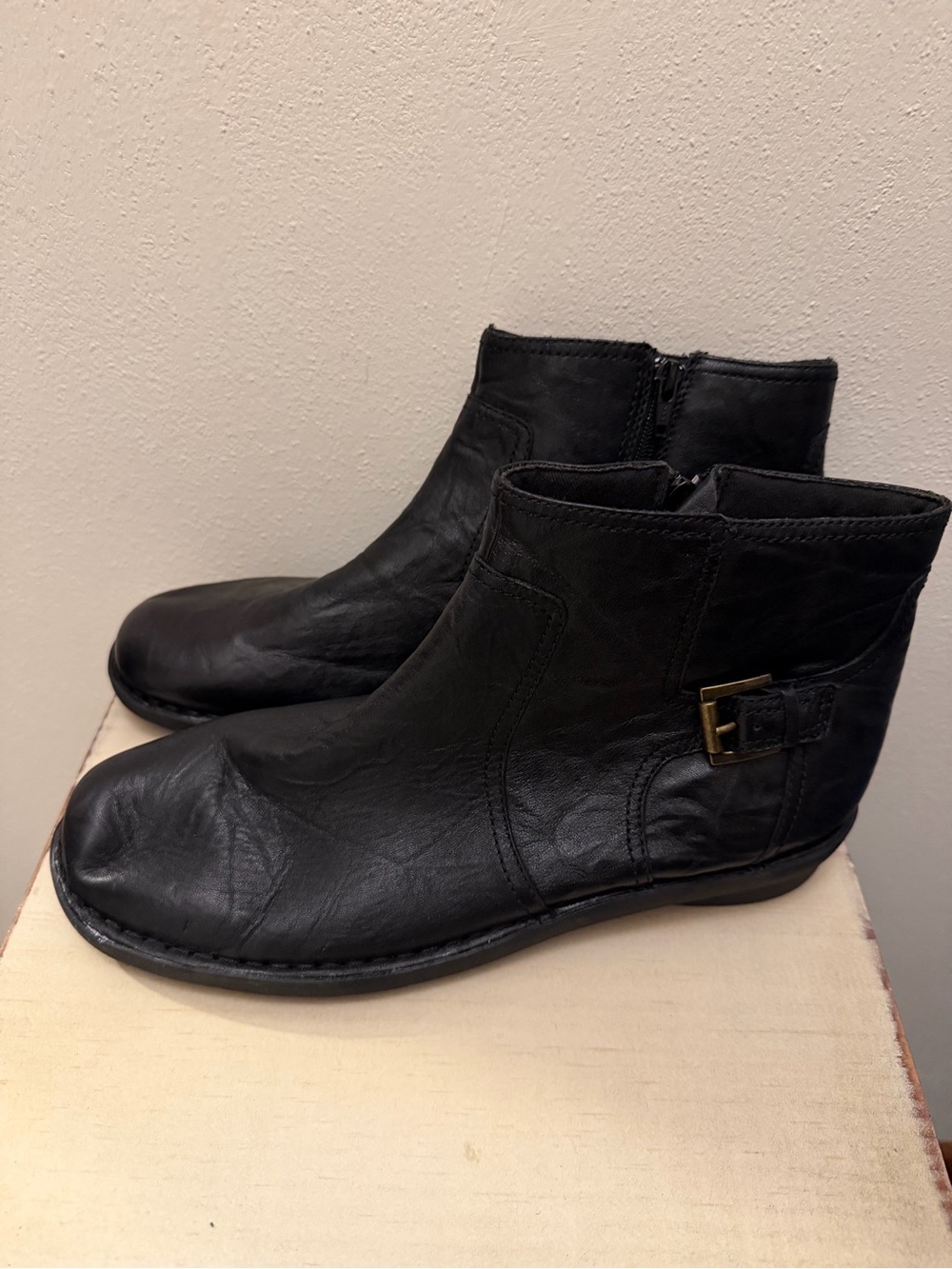 Clarks Black Leather Ankle Boots with Side Buckle Accent